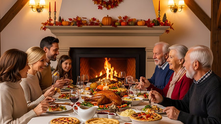 happy family having Thanksgiving dinner in front of fireplace at home, focus on turkeyの素材
