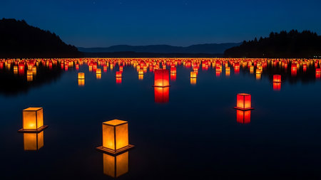 Lanterns floating on the water of the lake at nightの素材