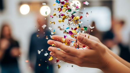 Close-up image of hands throwing confetti in the air.の素材