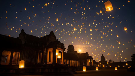 Beautiful lanterns in the sky at Wat Mahathat temple in Chiang Mai, Thailandの素材