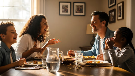 Happy family having dinner together at home. Mother, father and their children having a meal.の素材