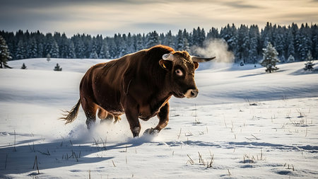Brown cow running in a snow covered field in the Austrian Alps.の素材