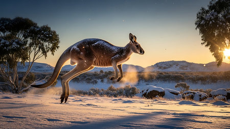 Kangaroo in the snow at sunset in australia.の素材