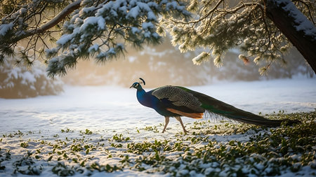 Peacock in the snow in the forest. The Indian peafowl (Pavo cristatus).の素材
