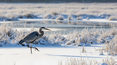 Grey heron, Ardea cinerea, single bird in snow, Netherlandsの素材
