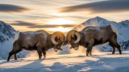 Two bighorn sheep in the snowy mountains at sunset in winterの素材