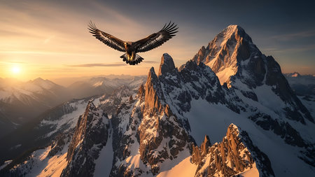 Eagle flying over the mountains at sunset, 3d render illustrationの素材