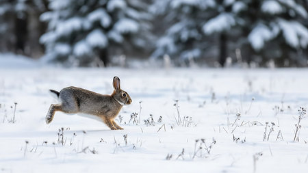 A wild brown hare runs through the snow in winter forest.の素材