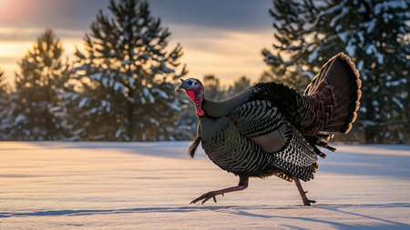 Wild turkey in the winter field at sunset. Turkey in winter.の素材