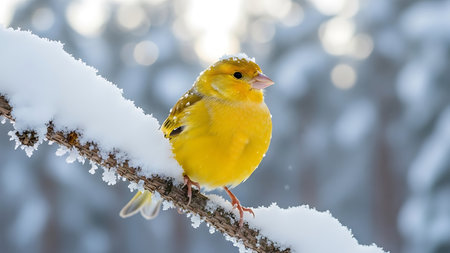 Yellow canary (Chloris chloris) sitting on a branch covered with snowの素材