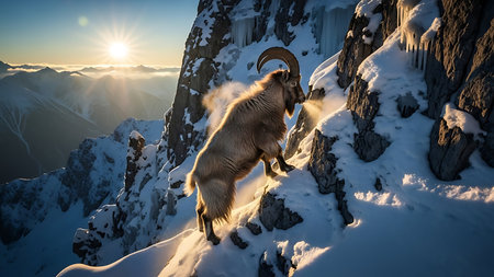 mountain goat in the mountains at sunset. 3d illustration.の素材