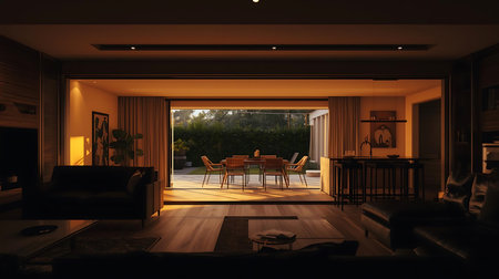 Interior of a modern living room at night. 3d renderingの素材