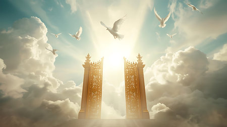 Gate to heaven with flying seagulls. 3D renderingの素材