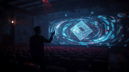 Back view of businessman pointing with finger at abstract glowing blue cube on screen in cinema hallの素材