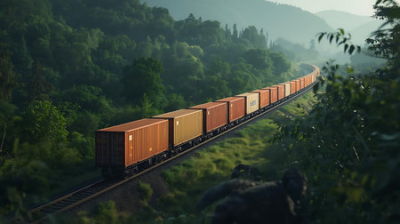 Freight train passing through green forest. Freight transportation concept.の素材