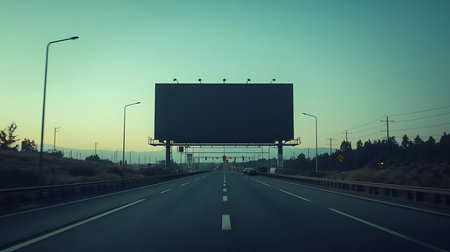Blank billboard on the highway at sunset. Concept of new advertisement.の素材