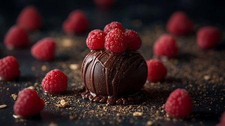 Chocolate truffles with raspberries on a black backgroundの素材