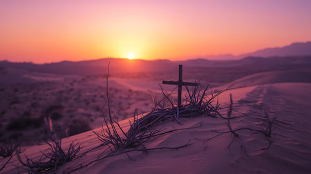 Cross in the desert at sunset, sand dunes, Egypt.の素材