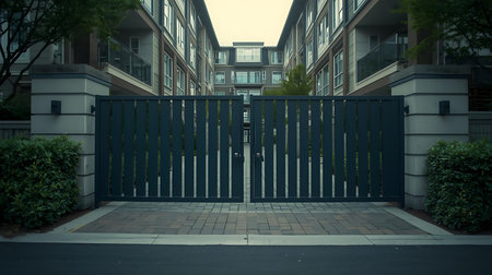 The entrance to a residential building with an iron gate in the foregroundの素材
