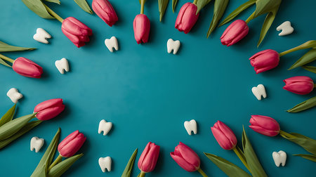 top view of pink tulips and white teeth on blue background with copy spaceの素材