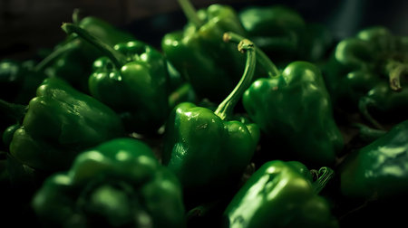 Green peppers on the counter in the market. Selective focus. Shallow depth of field. Toned.の素材