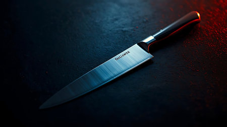 A close up shot of a kitchen knife on a black background with some copy spaceの素材