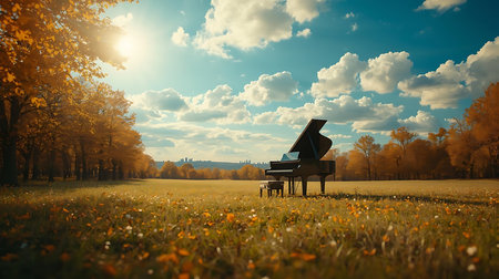Grand piano in the park at sunset. Beautiful autumn landscape. Vintage style.の素材