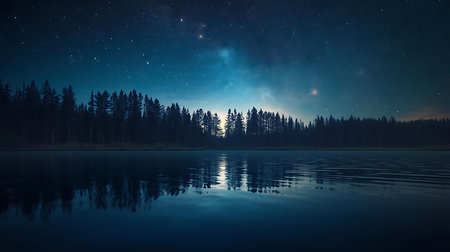 Beautiful night landscape with milky way over calm lake and pine forestの素材