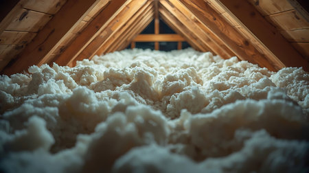 Sheep wool in the attic of a wooden house in winter.の素材