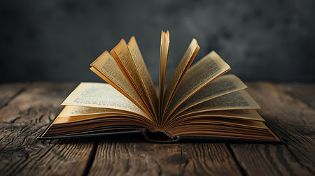 Open book on wooden table with copy space. Vintage filtered image.の素材