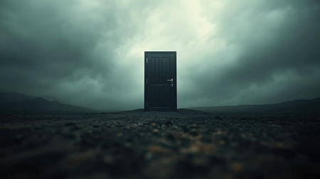 Door to heaven. 3D render. Dark dramatic sky.の素材