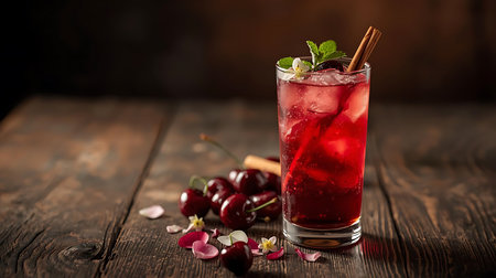 Cocktail with cherry, ice and mint on a wooden backgroundの素材