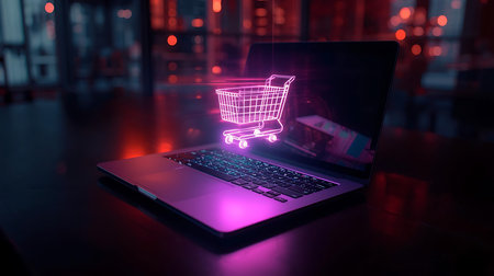 Shopping cart icon on laptop screen. Online shopping concept. 3D rendering.の素材