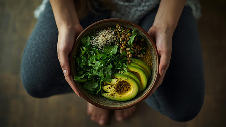 Healthy salad bowl with avocado, arugula, chickpeas and microgreen in woman hands.の素材
