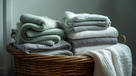 Stack of clean towels in a wicker basket. Selective focus.の素材