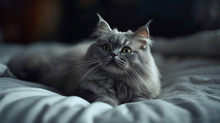 beautiful long-haired cat of siberian breed on a bedの素材