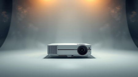 Projector on a dark background. 3D rendering. Computer digital drawing.の素材