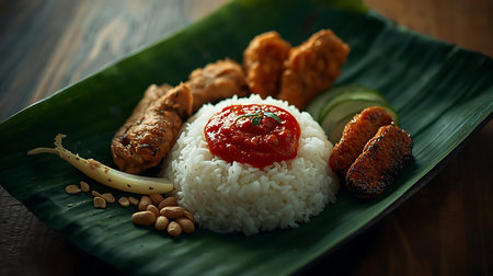 Rice with fried chicken and vegetables on banana leaf on wooden backgroundの素材