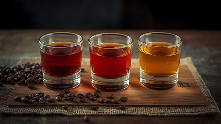 Three glasses of strong alcohol drink with coffee beans on a wooden backgroundの素材