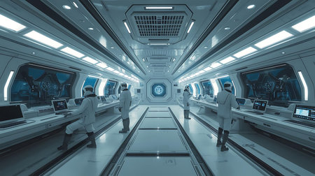 Spaceship interior with people in blue tones. 3D renderingの素材