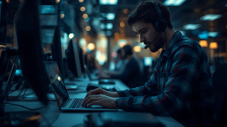 Handsome young man working on computer at night in dark officeの素材