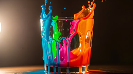 Colorful splashes of paint in a glass on a black backgroundの素材
