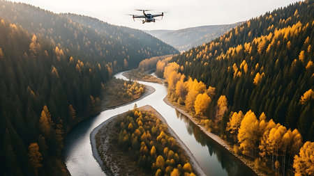 Drone flying over a river in the autumn forest. Aerial viewの素材