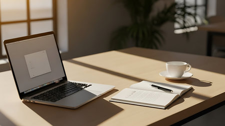 Laptop and notebook on table in modern office. 3d rendering.の素材