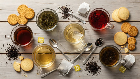 Different kinds of tea on wooden table, top view. Tea partyの素材