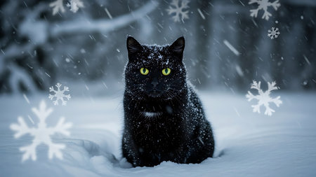 Black cat in the snow. Animal in the winter forest. Snowfall.の素材