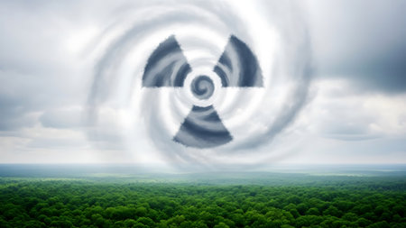 Radiation symbol against view of green forest under cloudy sky 3dの素材