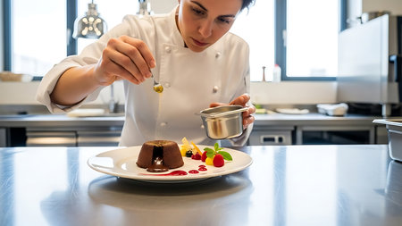 Young female chef decorating a chocolate pudding with berries in the kitchenの素材