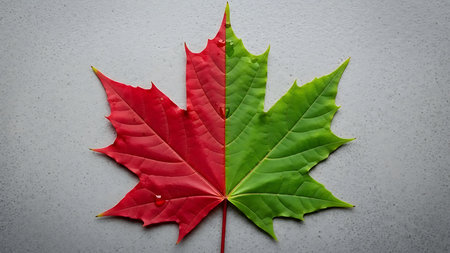 Red and green maple leaf on grey stone background. Copy space.の素材