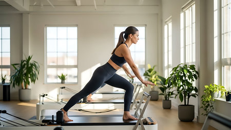 Side view of young sportswoman practicing yoga on step platform in fitness studioの素材